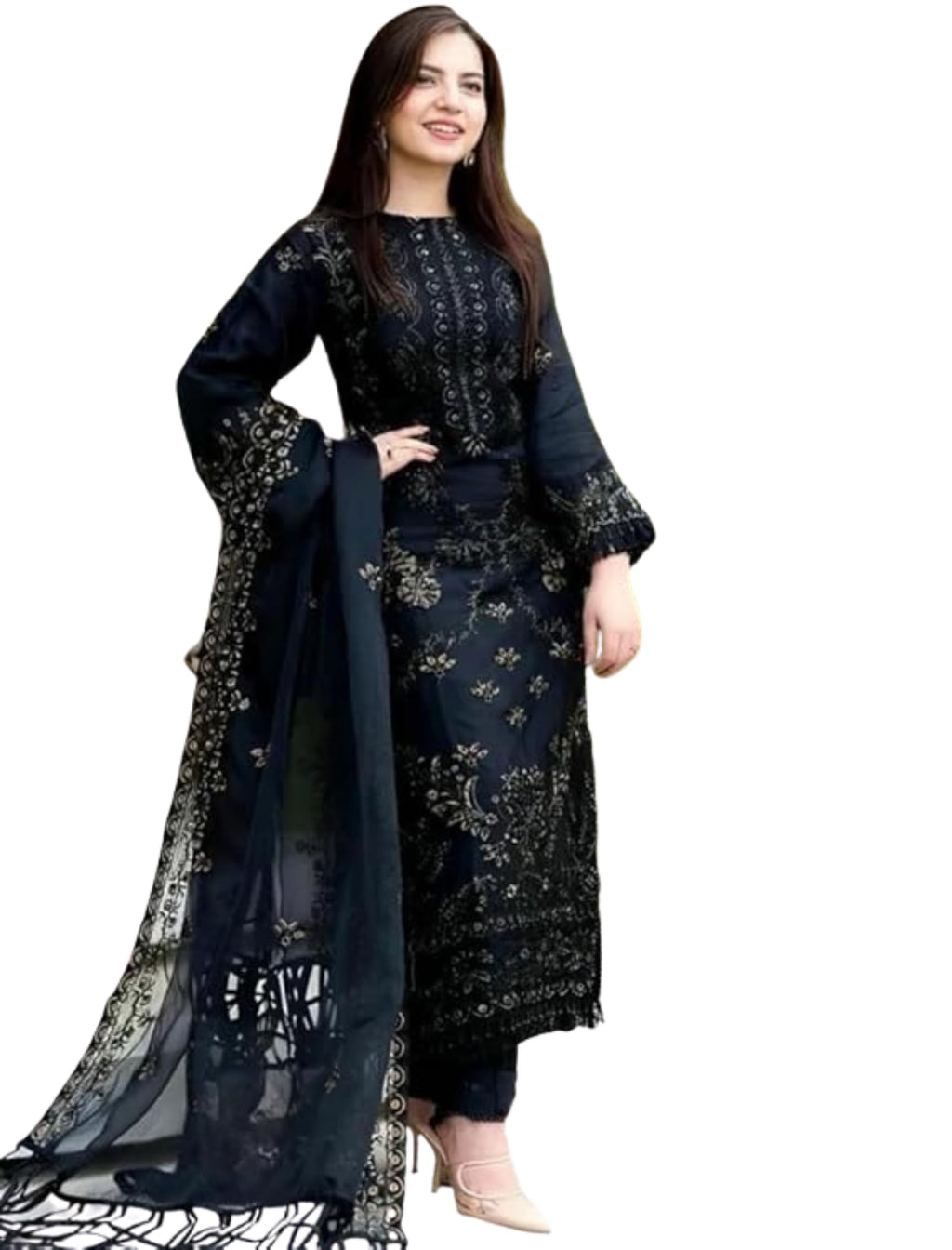 ROYALICA Women's Black Embroidered Pakistani Suit Set, 3-Piece Salwar Kameez with Dupatta,Georgette Straight (IN, Alpha, 2XL, Regular, Standard, black)