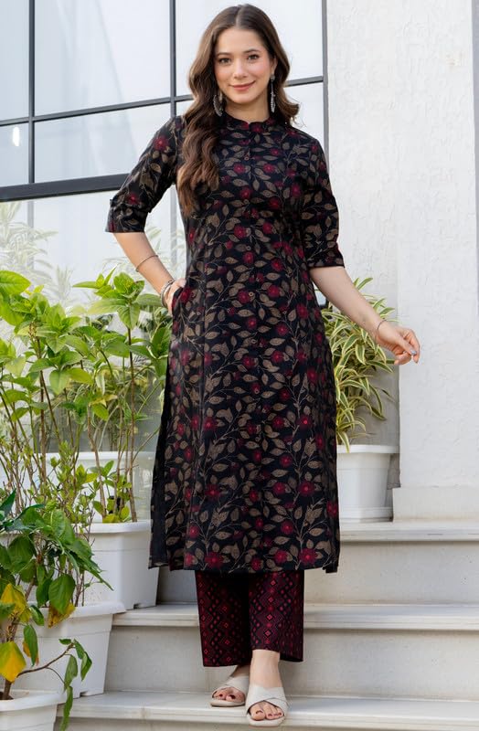 rytras Women's Pure Cotton Printed A-Line Kurta Set with Palazzo Pants|Ethnic wear|Kurta Set for Women(Black,RYT739,L)