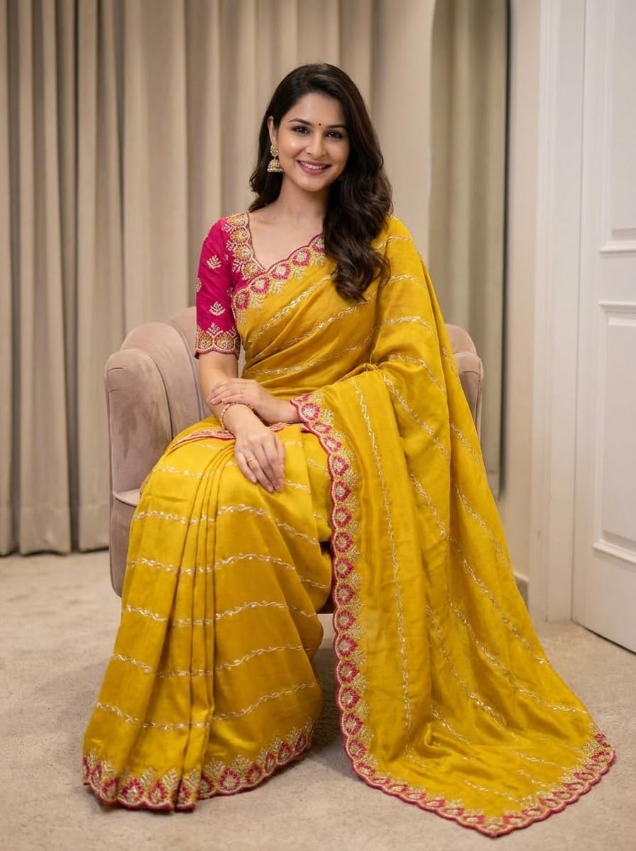 ORHANS Women's Georgette Ethnic Motifs Embroidered Georgette Heavy Work Saree | Heavy Work Wedding Saree | Pure Silk Sari | Fashionable Sarees_Yellow