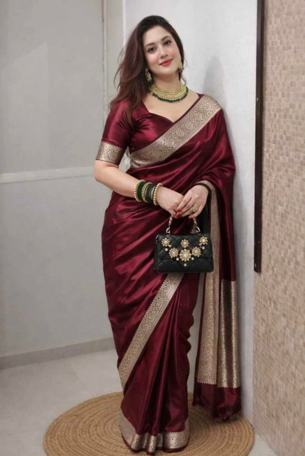Rabbaitul Bait Banarasi Satin Kanjivaram Saree Wine Silver Zari Pure Soft Blend Silk Sari Satin Women Kanchipuram Paithani Silk Party Wedding New Ladies Wine Color Sadi with Blouse Piece (Maroon)