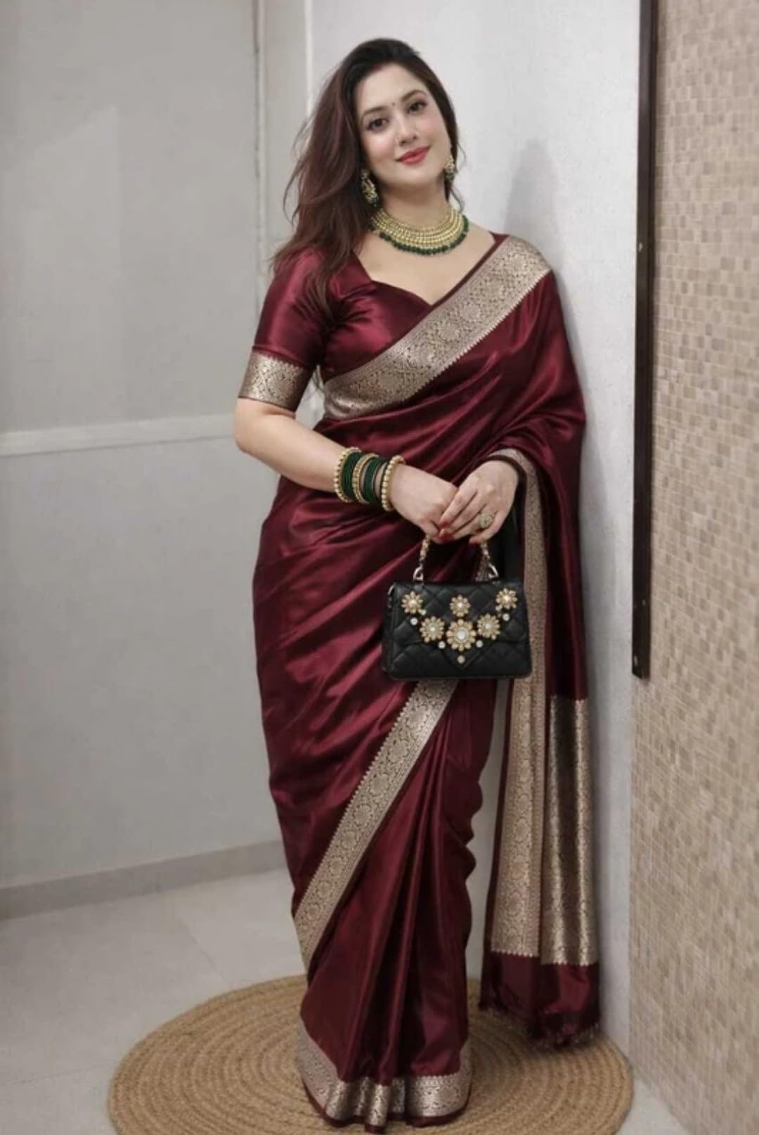 Rabbaitul Bait Banarasi Satin Kanjivaram Saree Wine Silver Zari Pure Soft Blend Silk Sari Satin Women Kanchipuram Paithani Silk Party Wedding New Ladies Wine Color Sadi with Blouse Piece (Maroon)