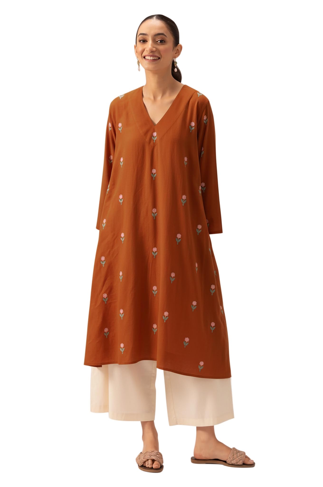 ANNI Designer Women's Rayon Viscose A-Line Printed Kurta with Palazzo (QUSHI Rust_M_Rust_Medium)