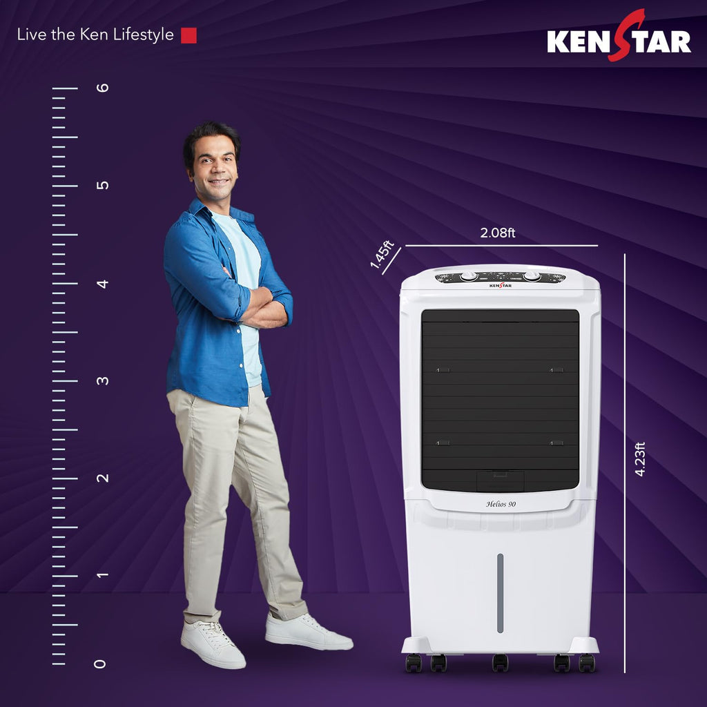 Kenstar Helios HC 90 Desert Air Cooler 90L|5 Star BEE Rated|5 Year Motor & Pump Warranty |50 ft Air Throw I Honeycomb Cooling|3-Speed | Water Level Indicator | Collapsible Louvers I Off White & Black