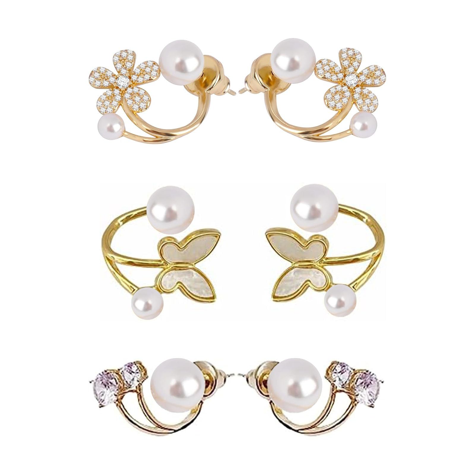 3 Pairs Earrings for Women Stylish, Korean Earrings for Girls Stylish, Pearl Earrings Set for Women, Elegant Dainty Studs, Perfect for Daily and Special Occasions