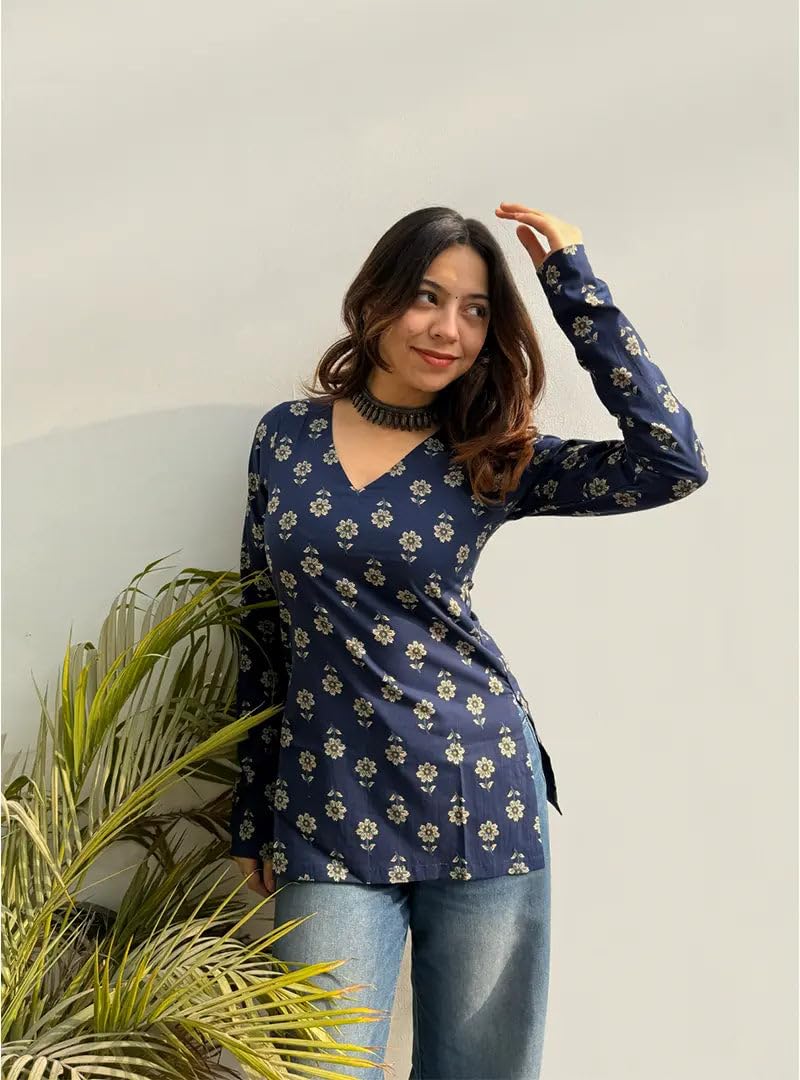 ANNI Designer Women's Viscose Blend Printed Short Kurti (Chandran Blue_M_Blue_Medium)