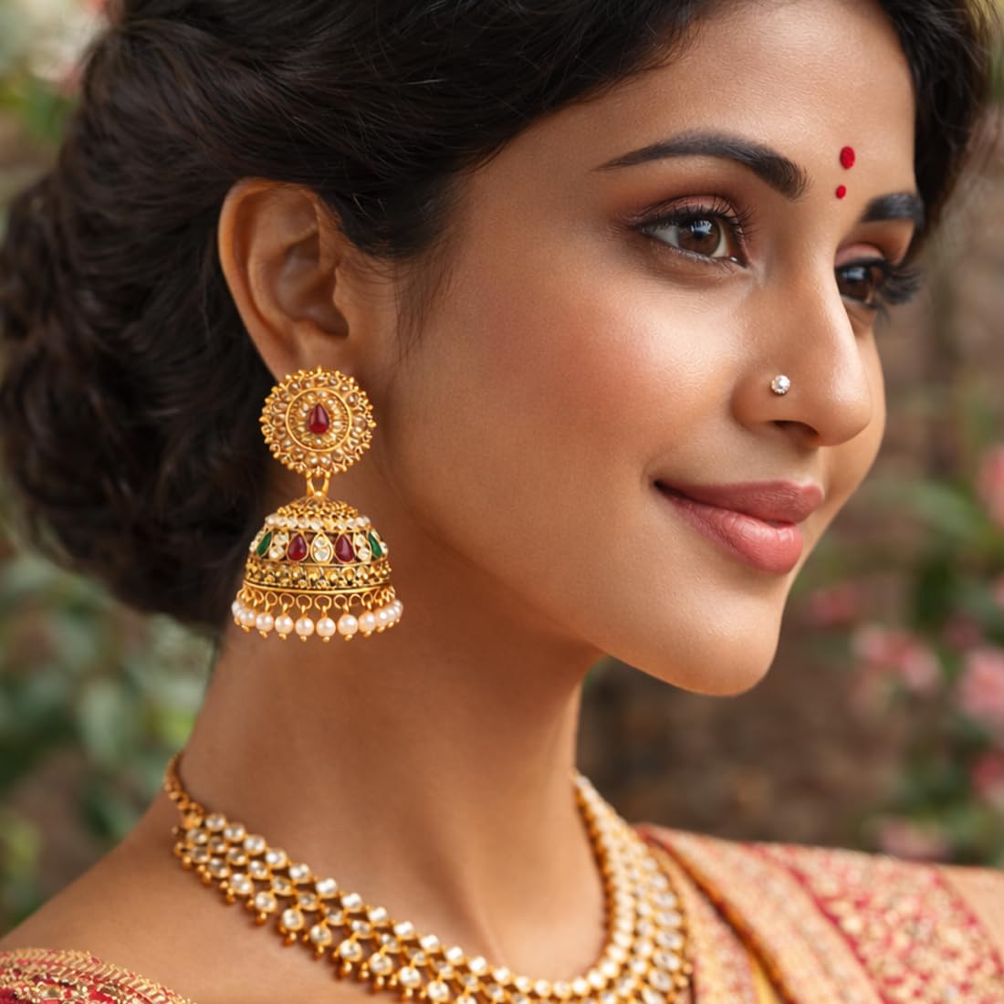 Gold Plated Kundan Pearl Jhumka Earrings for Women,Traditional Indian Bridal Ethnic Earrings for Wedding, Festive & Party, Pack of 1