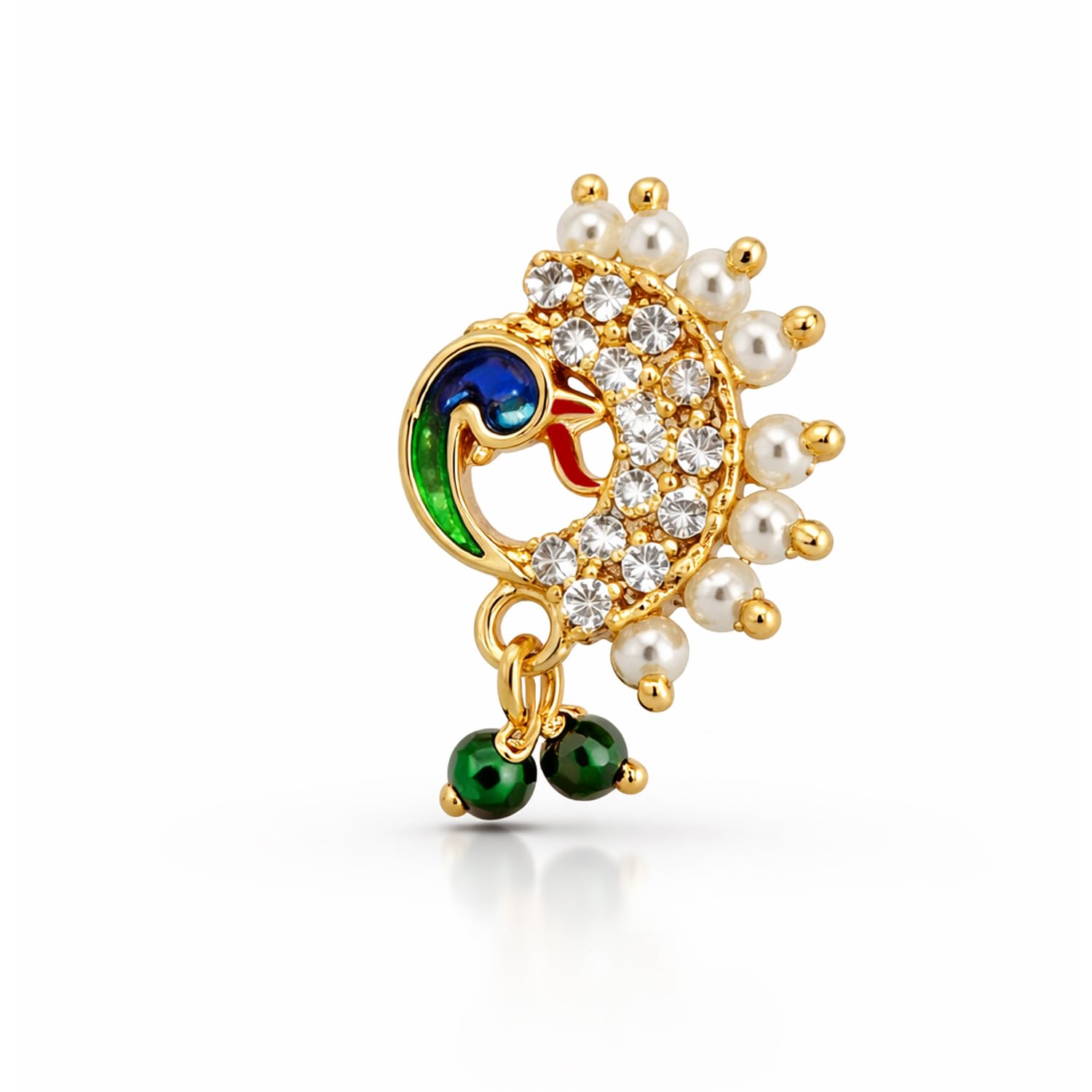 VAMA FASHIONS Gold Plated Maharastrian Marathi Nathni Pearl Nose Ring Pressing Nosepin Bridal Piercing Nosering Clip on Nath For Women (Maharashtrian Nose Pin)