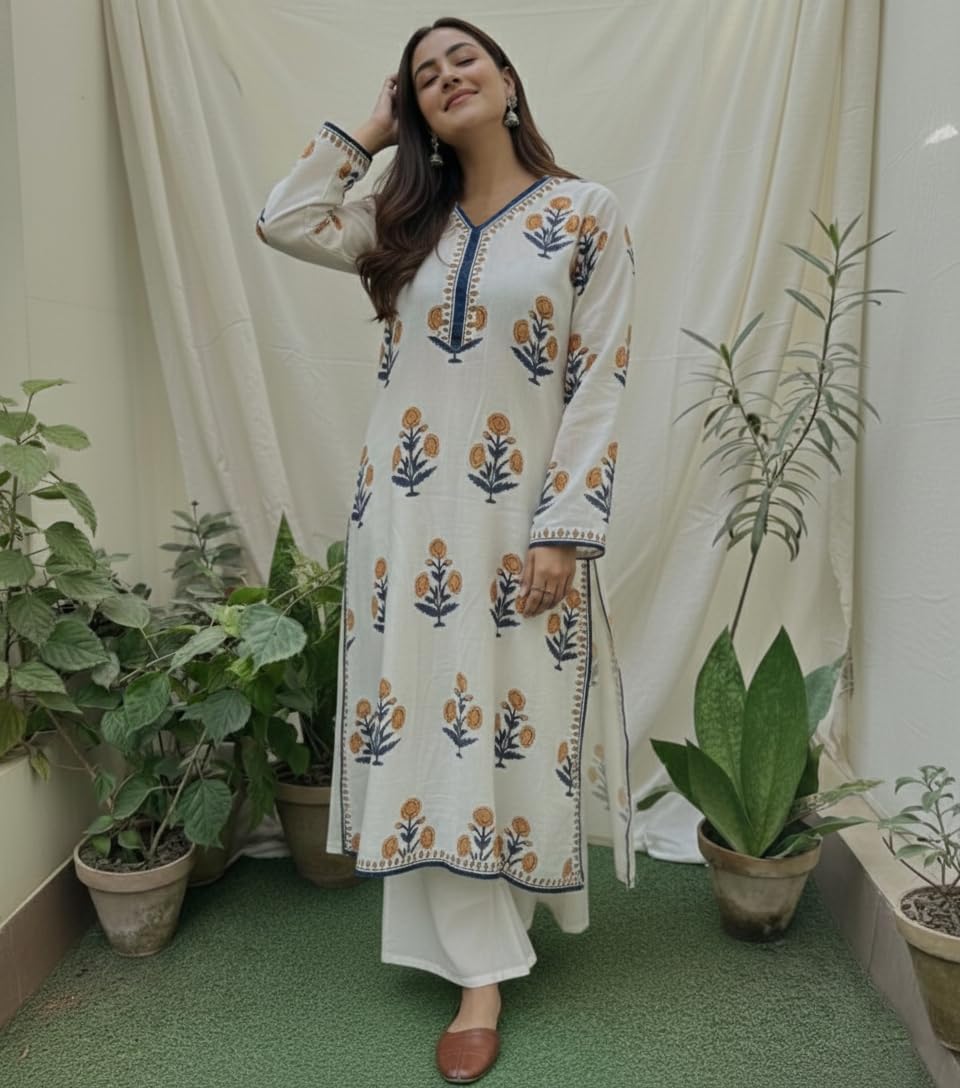 ANNI Designer Women's Viscose Blend Straight Printed Kurta with Palazzo (Nawal White_M_White_Medium)