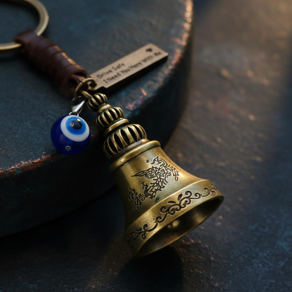 AEROSTARK Guardian Bell For Bike Keychain with Leather Strap & Evil Eye Charm | Drive Safe I Need You Here With Me Tag | Antique Brass Lucky Bell Keyring for Bike Car Scooter | Gift for Men Riders