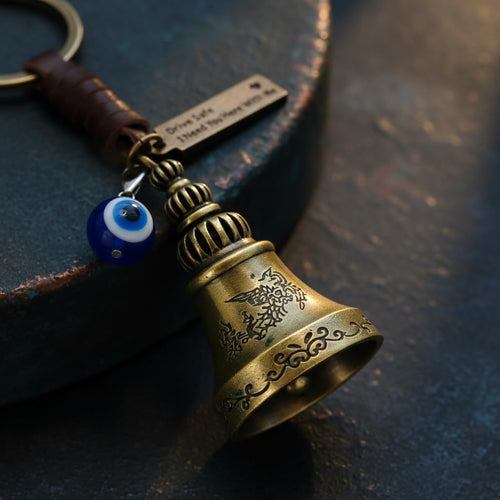 AEROSTARK Guardian Bell For Bike Keychain with Leather Strap & Evil Eye Charm | Drive Safe I Need You Here With Me Tag | Antique Brass Lucky Bell Keyring for Bike Car Scooter | Gift for Men Riders