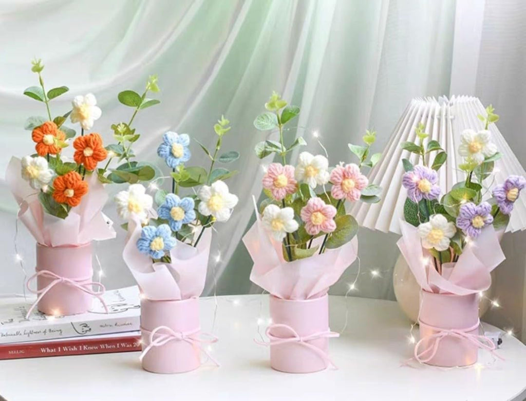 VRB Dec 1pcs Artificial Crochet Flower Bouquet/Artificial Flowers Bunch/Crochet Flowers Bouquet/Crochet Flowers/Flowers Bouquet Gift for Girls Home Decor,Gifting,etc. (Pink Daisy Bouquet)