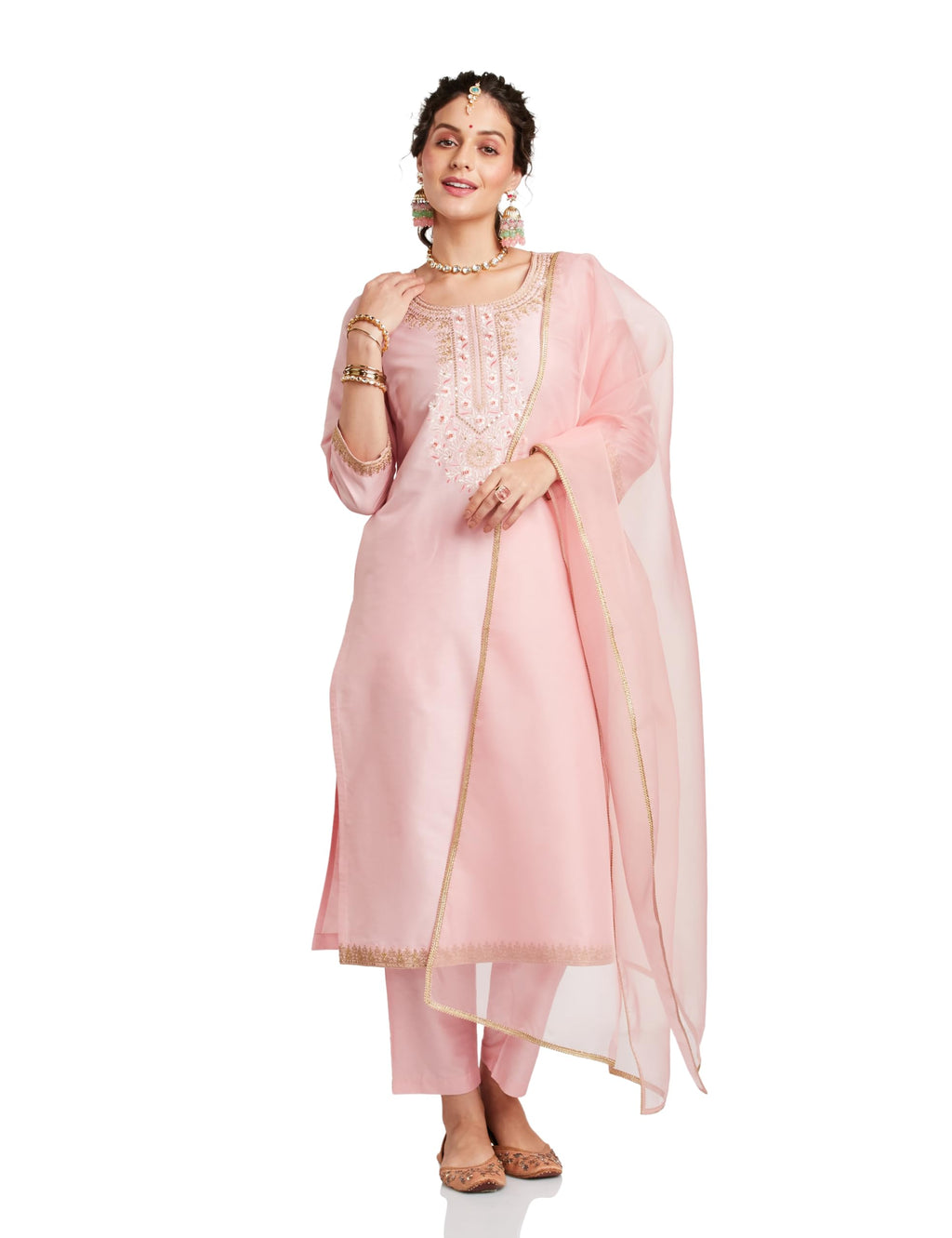 Amazon Brand- Myx Women's Embroidered Kurta Pant Set with Organza Dupatta (AW25-MYX-VEN-KS-10_Blush Pink_M)