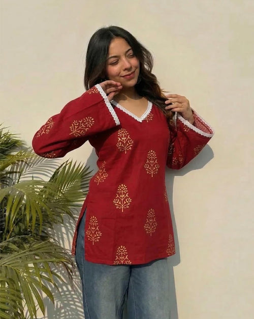 ANNI Designer Women's Visocse Printed Short Kurti (Jamila Red_S_Red_Small)