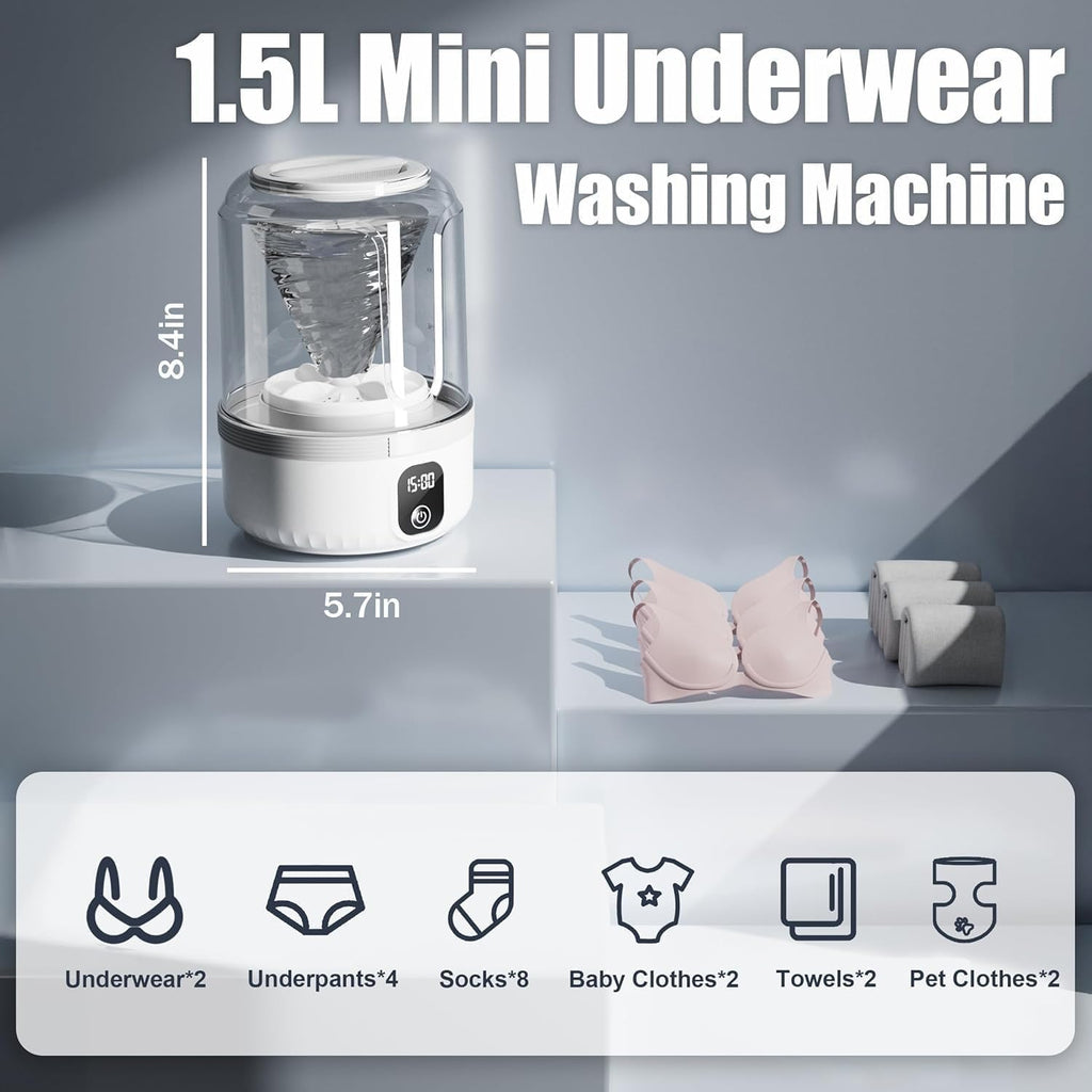 Mini Laundry Machine 1.5L Portable Laundry Machine and Spinner for Baby Clothes, Underwear, Socks; Ideal for Travel, Dorms, Camping