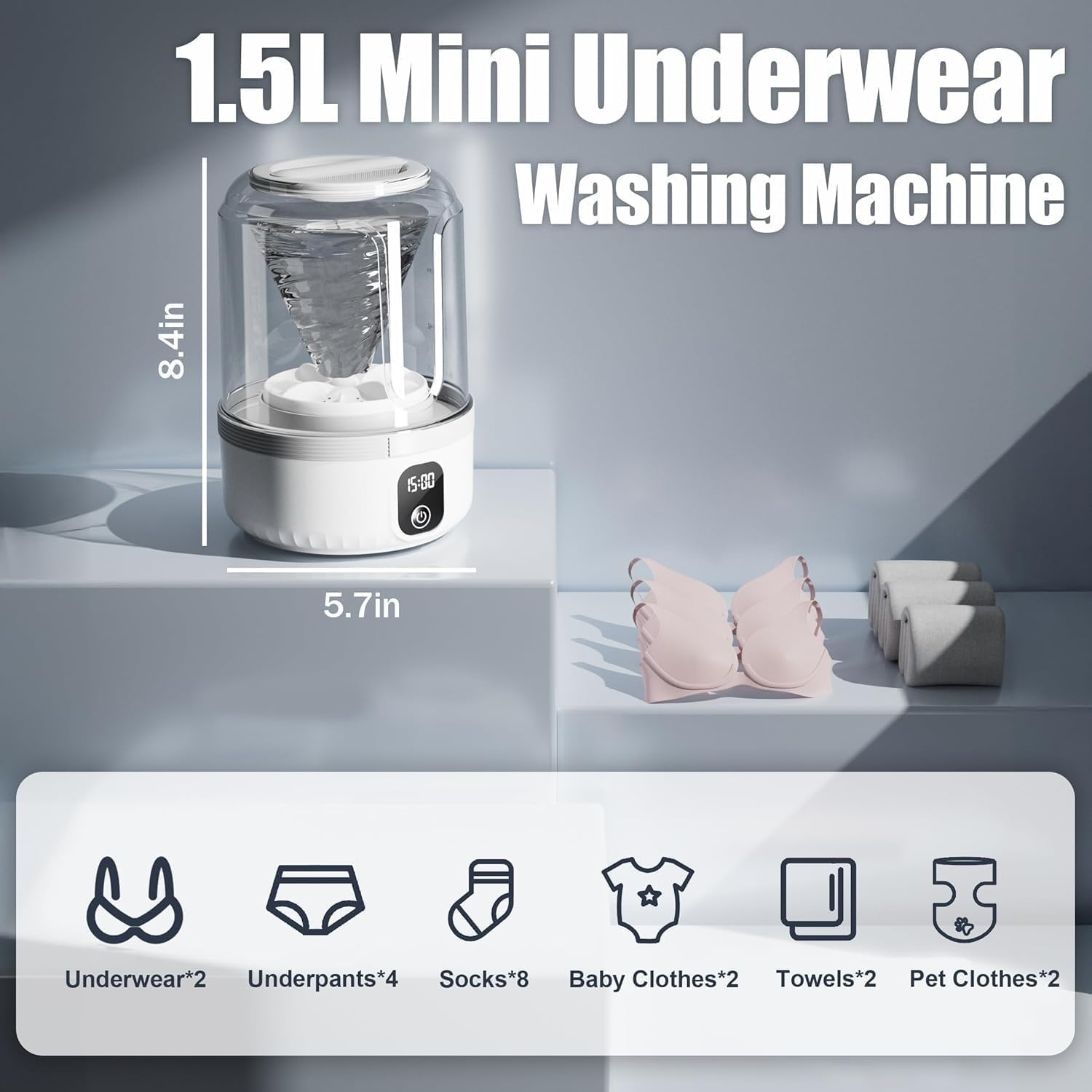 Mini Laundry Machine 1.5L Portable Laundry Machine and Spinner for Baby Clothes, Underwear, Socks; Ideal for Travel, Dorms, Camping