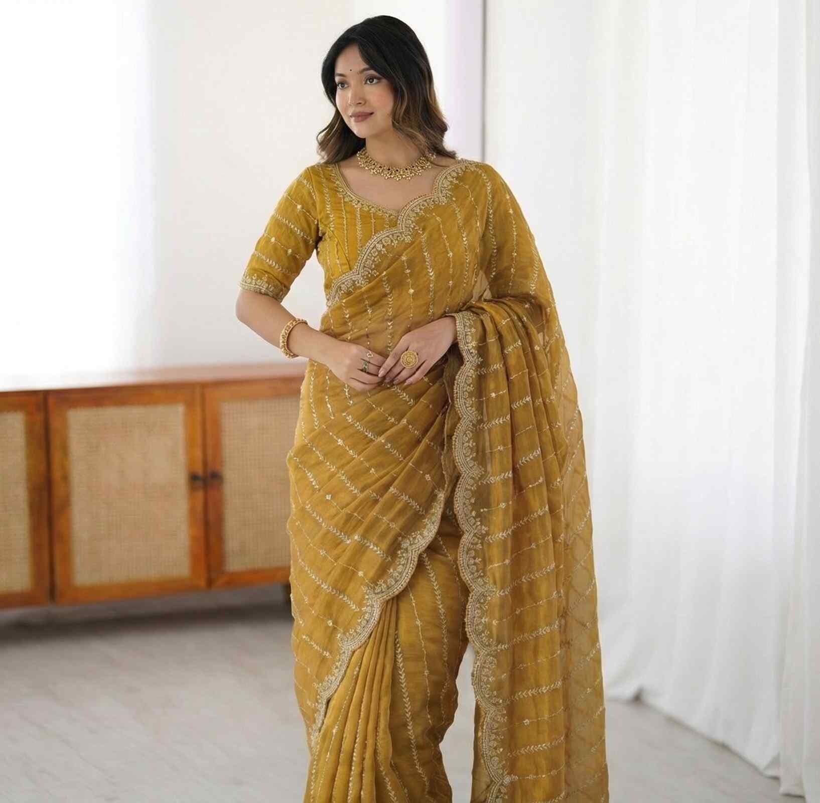 Shiv Textiles Women's Fendy Satin Embroidery Work Saree(CM-911-MUSTARD)