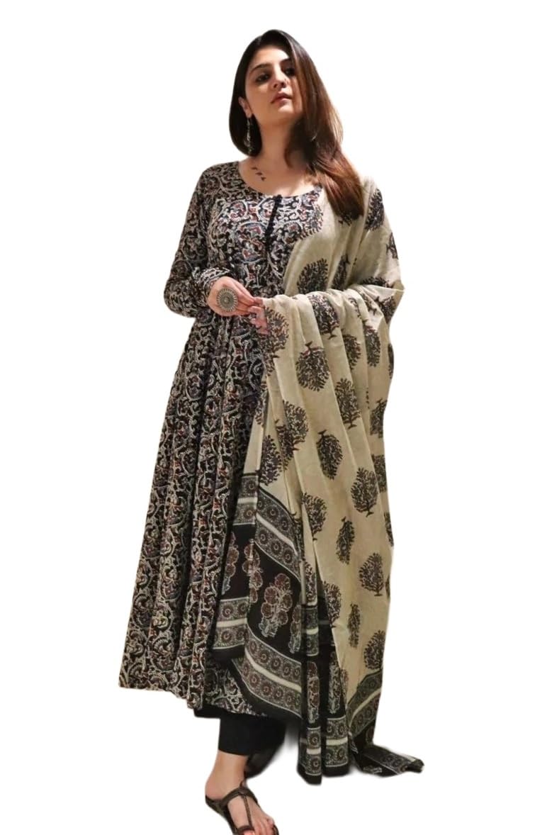 Nermosa Women Printed Anarkali Kurta and Pant Set with Dupatta | Printed Kurta Set | Cotton Suit | Women Kurta Sets | (IN, Alpha, XL, Standard, Black)