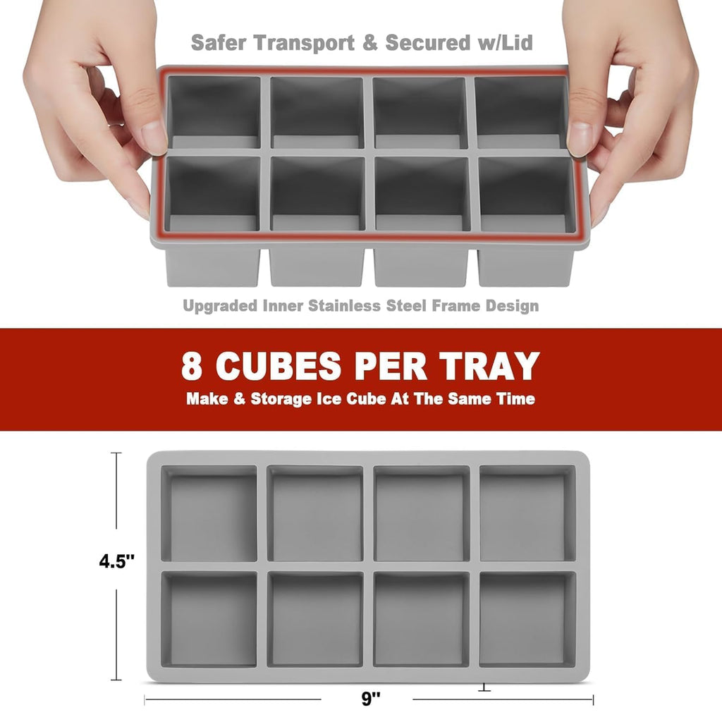 Ice Cube Molds with Lid,Big Silicone Ice Cube Tray for Whiskey,2Inch Square Ice Cube Tray,Easy-Release Ice Mold,Giant Ice Cubes for Bourbon Cocktail (2, Off-Grey)