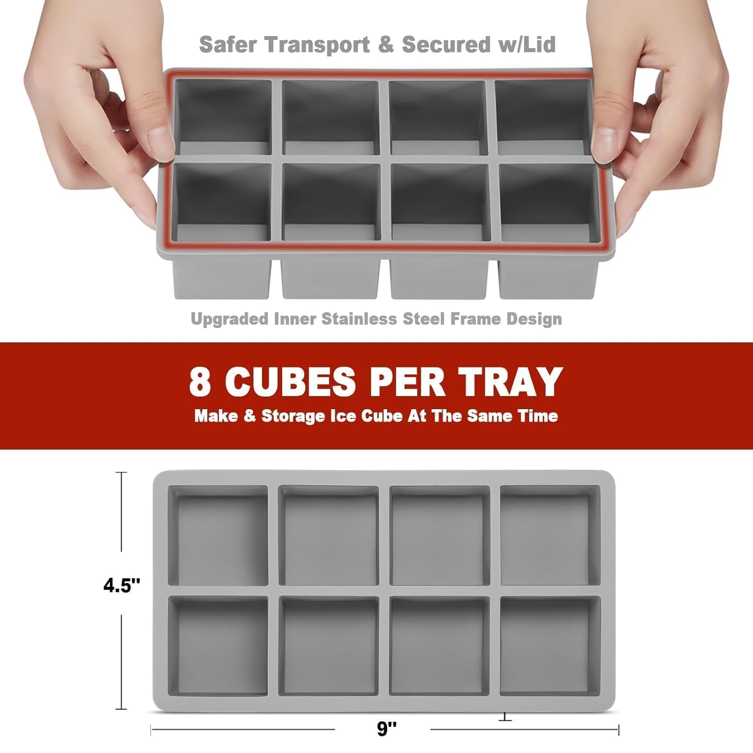Ice Cube Molds with Lid,Big Silicone Ice Cube Tray for Whiskey,2Inch Square Ice Cube Tray,Easy-Release Ice Mold,Giant Ice Cubes for Bourbon Cocktail (2, Off-Grey)