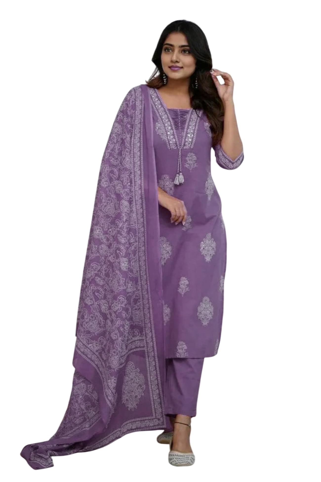 PARTHVI Women's Pure Cotton Printed with Handwork Kurta with Pants and Dupatta Set, Wedding Ethnic Suit Set, P-1079, Purple, L