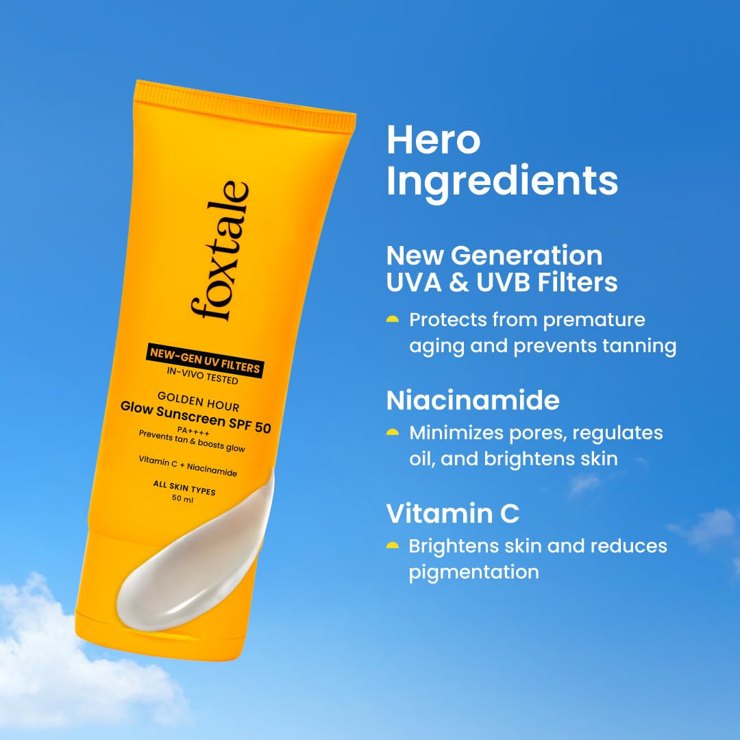 Foxtale Glow Sunscreen SPF 50 PA++++ with Vitamin C & Niacinamide, In-Vivo Tested, Sensitive-Skin Friendly, Made with 100% New-Gen Filters, Lightweight, Non-Greasy, No White Cast |For Men & Women 50ml