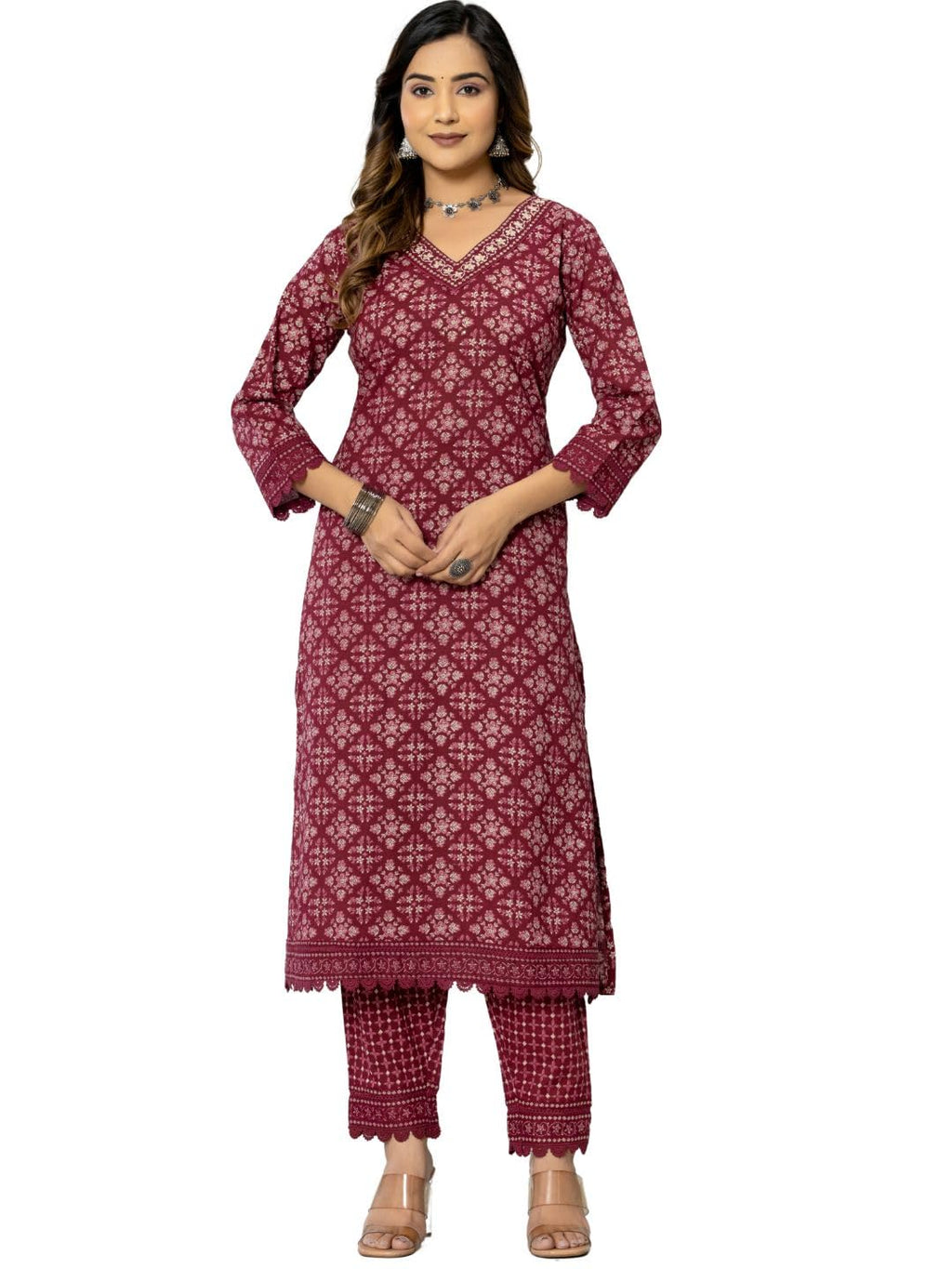 Amayra Women's Cotton Printed Straight Kurta with Pant and Dupatta Set(TCK559,Maroon,3XL)