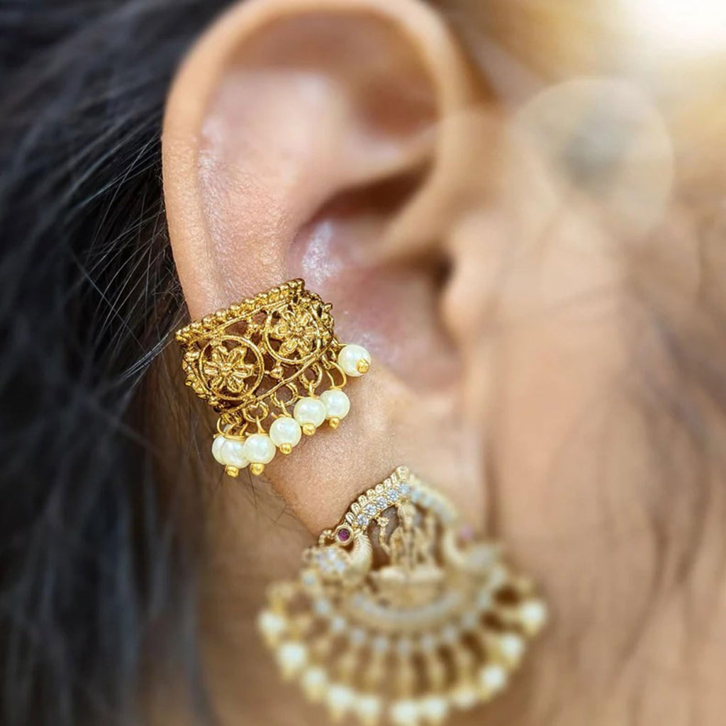 VAMA FASHIONS Traditional 18K Gold Plated South Indian Bugadi Bigadi Ear Cuff Earrings Temple Jewellery Pearl Drop Helix Ear Rings Maharashtrian Jewellery for Women