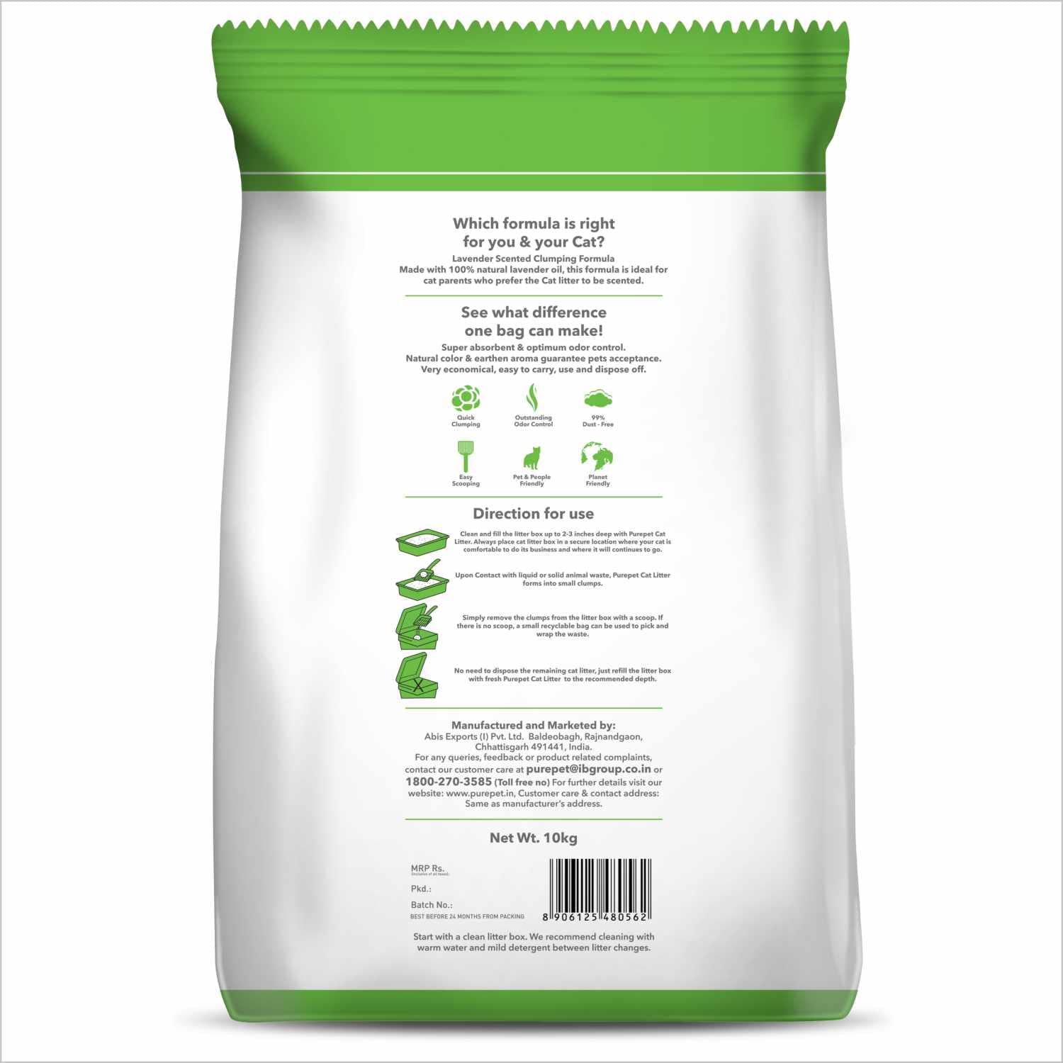 Purepet Cat Litter for All Cat Breed, Lavender Fragrance - 10kg Pack Pet Litter Tray Refill