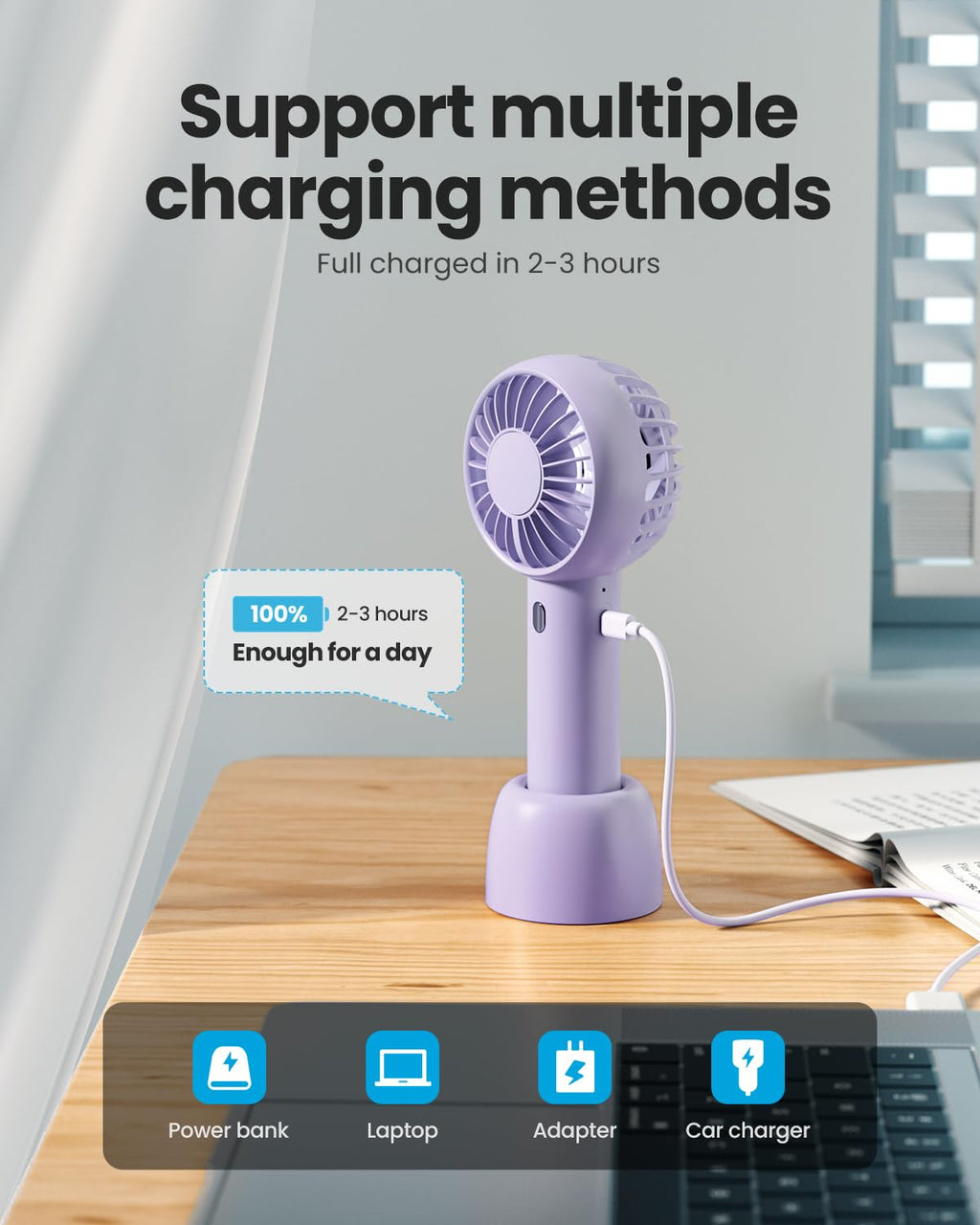Gaiatop Mini Portable Fan, Powerful Hand Fan Cute Design 3 Speed Personal Small Desk Fan with Base, Lightweight Rechargeable USB Handheld Fan for Girl, Women, Men, Indoor, Outdoor