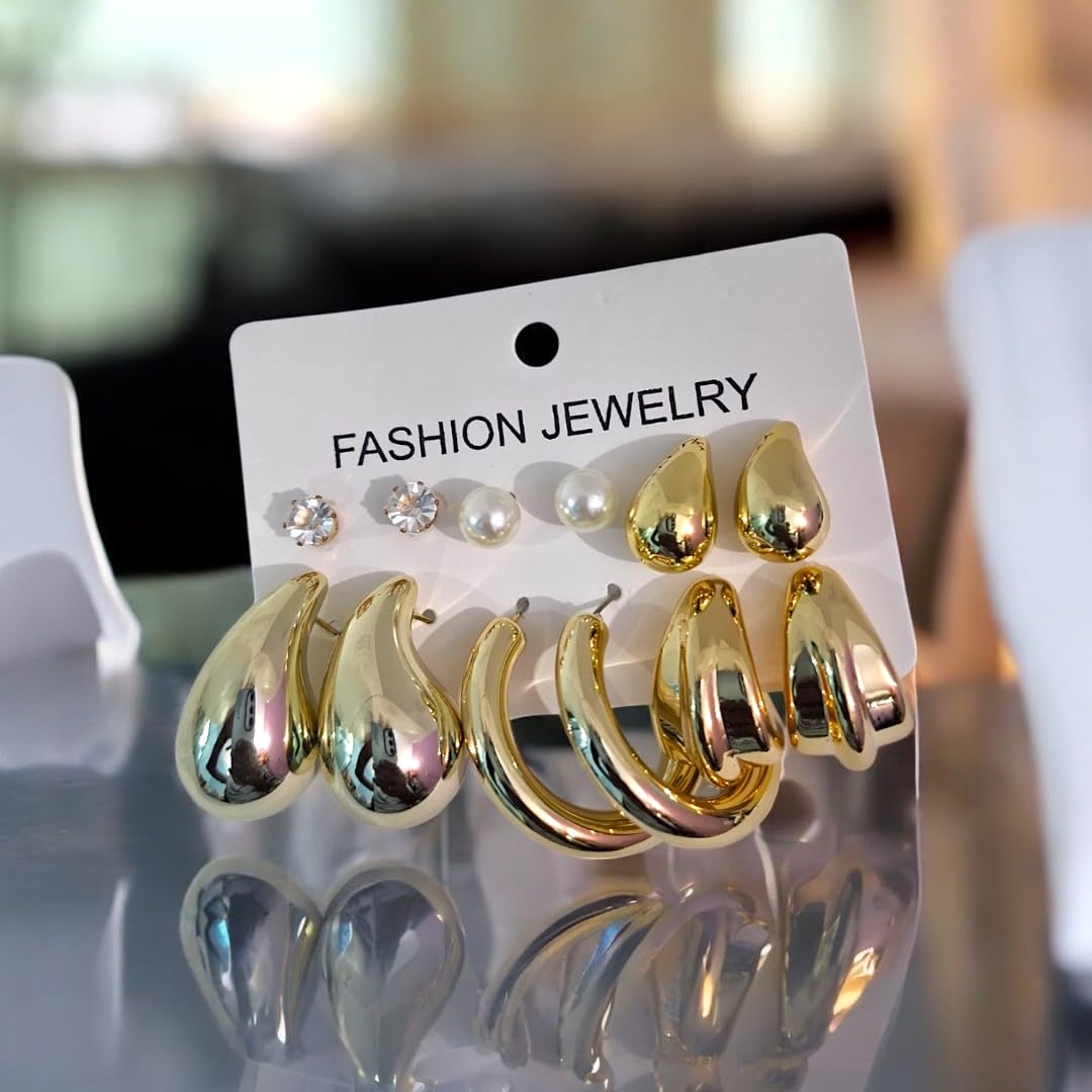 Gold Plated Earrings Set for Women & Girls | Korean Style Studs, Hoops & Drop Earrings Combo | Lightweight Stylish Western Earrings for Daily Use | Pack of 6