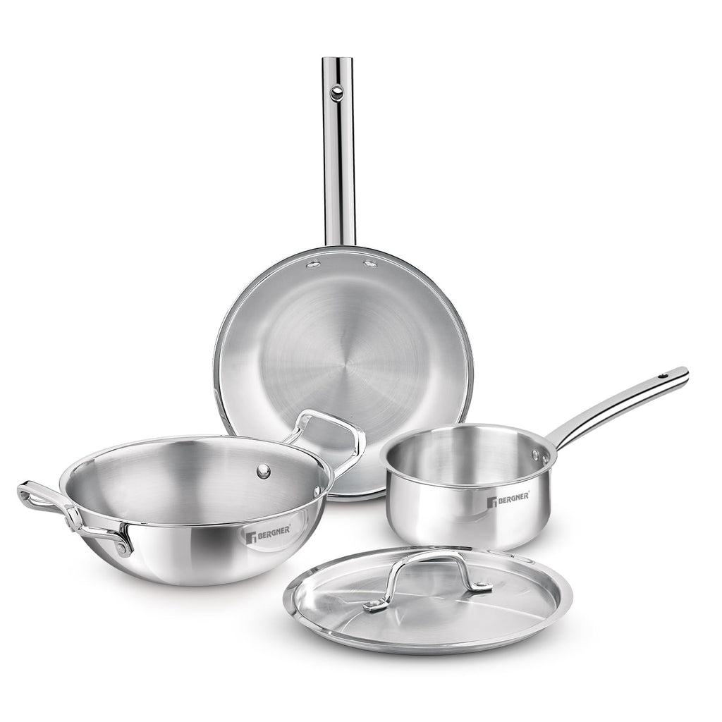 Bergner TriPro 4 Pcs Tri-Ply Stainless Steel Induction Bottom Cookware Set - 22cm (2.1L) Kadai and 22cm (1L) Frypan with Common Stainless Steel Lid, 14cm (1.1L) Teapan, Less Oil Use, Easy to Clean