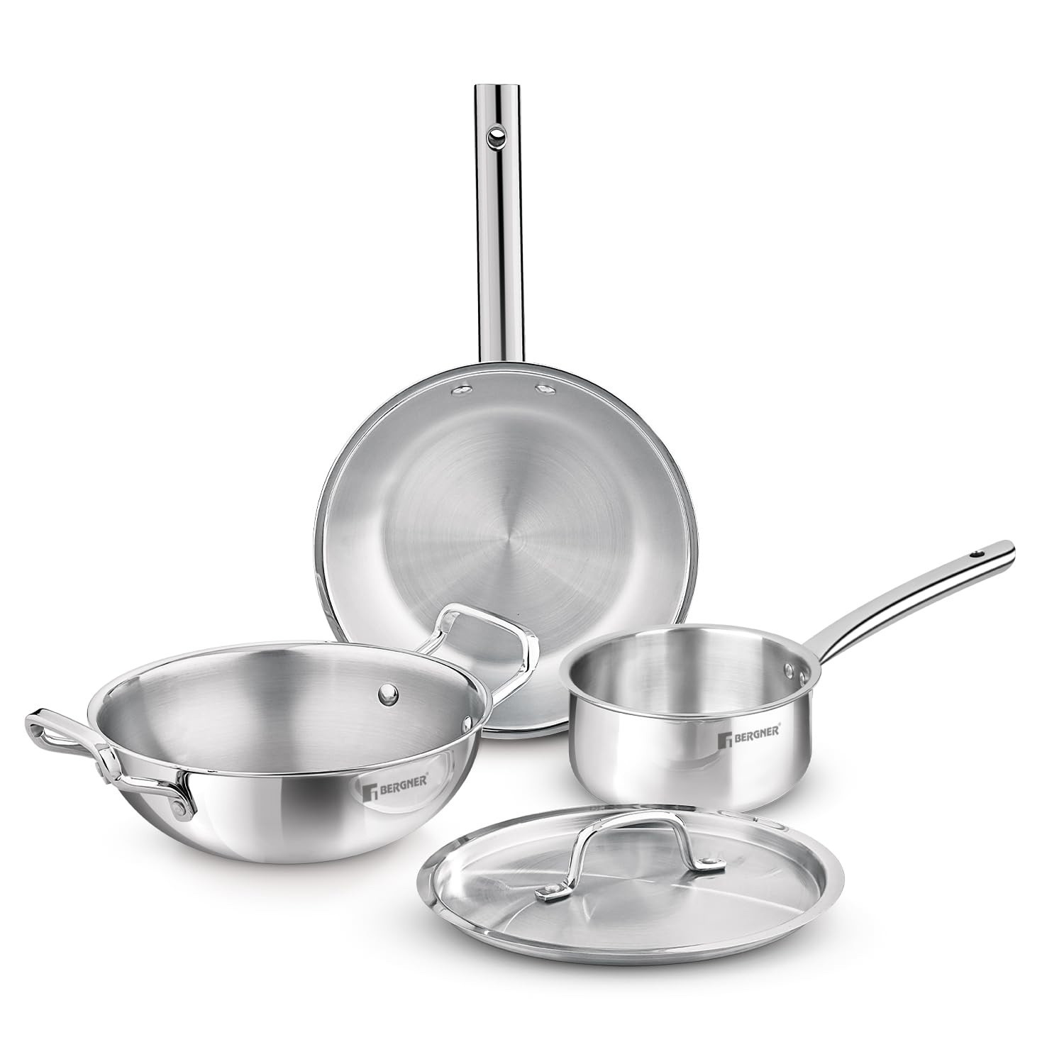 Bergner TriPro 4 Pcs Tri-Ply Stainless Steel Induction Bottom Cookware Set - 22cm (2.1L) Kadai and 22cm (1L) Frypan with Common Stainless Steel Lid, 14cm (1.1L) Teapan, Less Oil Use, Easy to Clean
