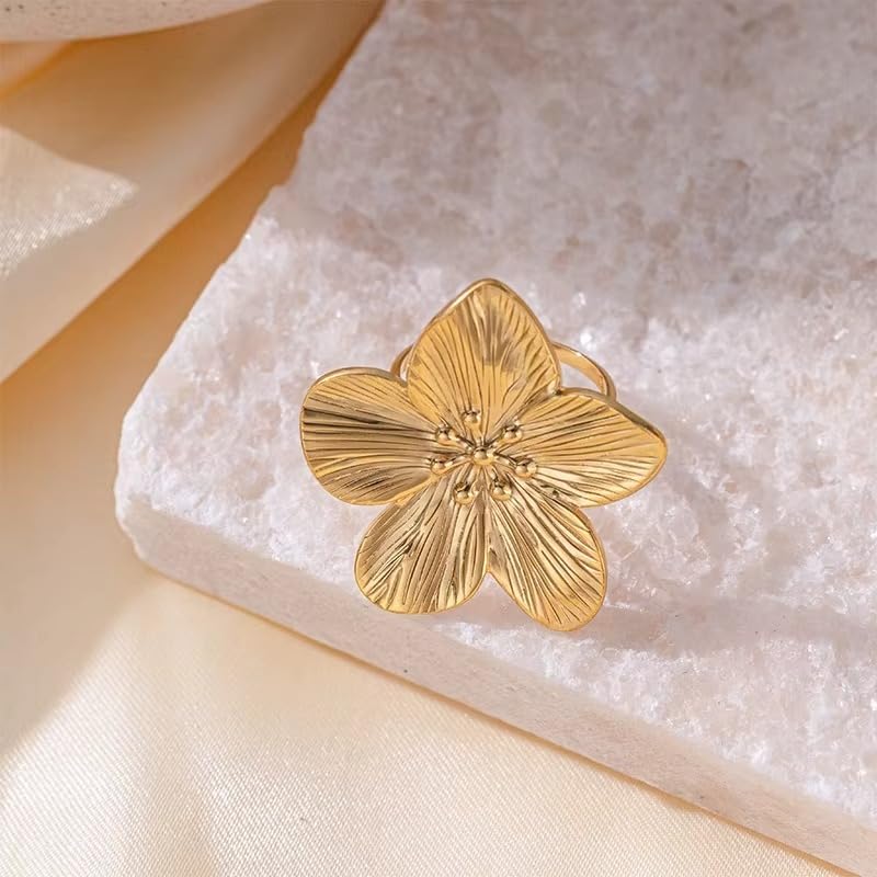 Artifi Gold Flower Stud Earrings, Five Petal Textured Design, 18k Gold Plated Alloy, Statement Jewelry for Women