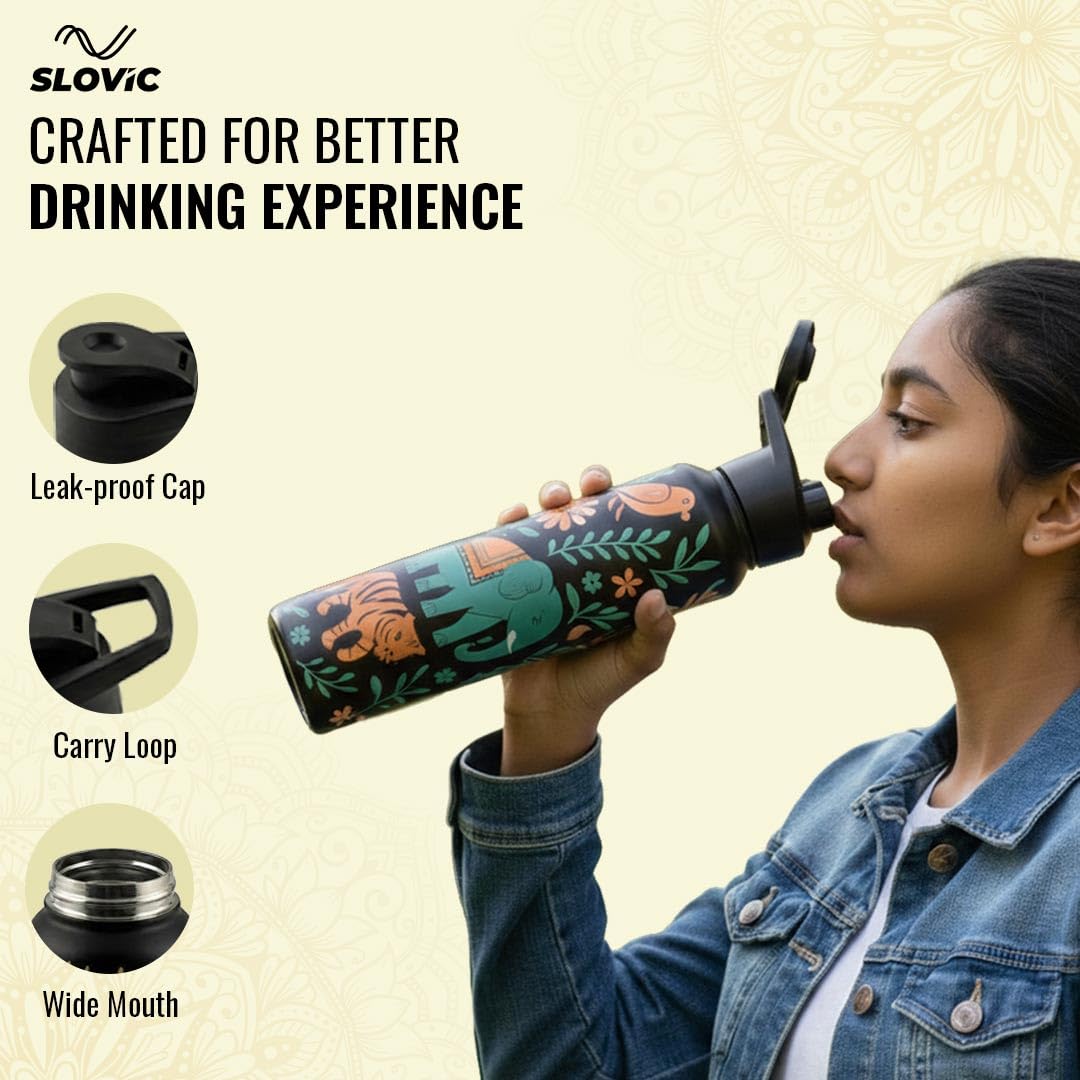SLOVIC Steel Water Bottle 1 Ltr | Incredible India Design Fridge Water Bottle for School Kids | 100% BPA Free & leak-Proof | Sipper Water Bottles for Adults | Ideal for Gym, Office, Travel