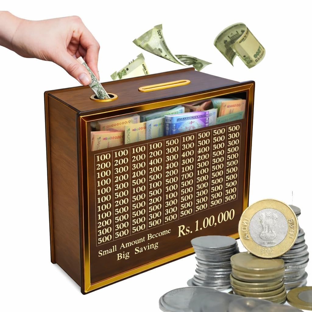 Money Saving Box for Kids and Adults | Wooden Money Bank with Lock | Big Size Piggy Bank 2 Lakh Target | 1 Lakh Saving Box with Numbers | Undiyal Hundi Pig