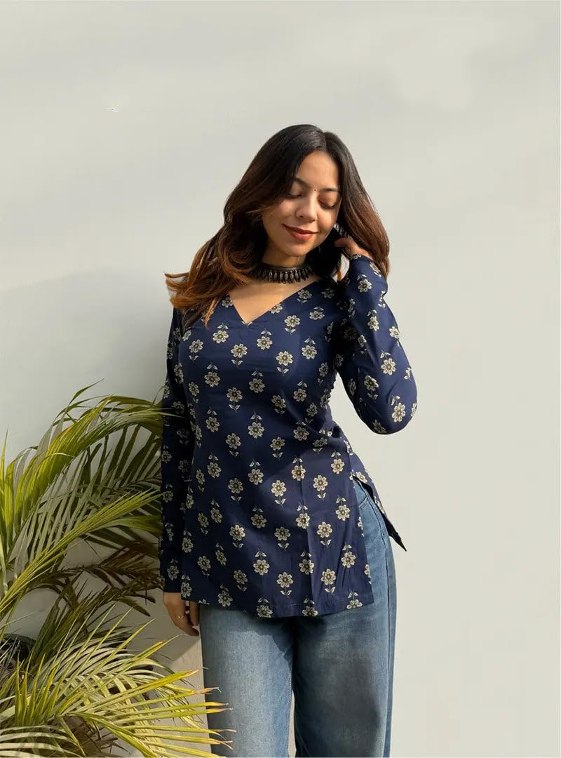 ANNI Designer Women's Viscose Blend Printed Short Kurti (Chandran Blue_M_Blue_Medium)