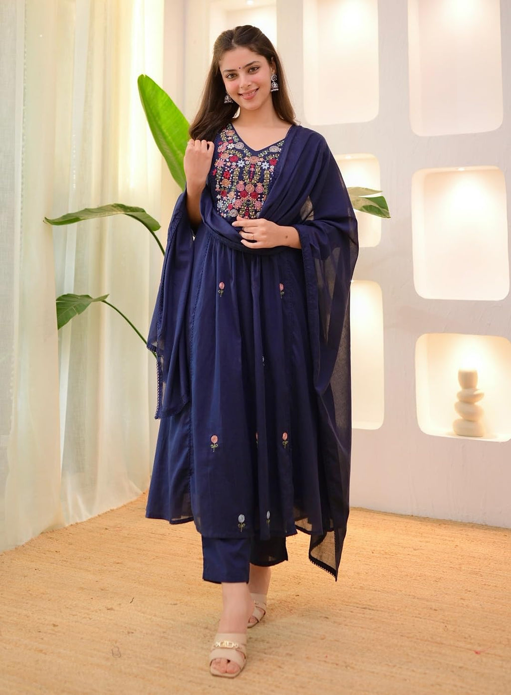 KLOSIA Women Embroidery Solid Anarkali Kurta and Pant Set with Dupatta (in, Alpha, L, Blue)