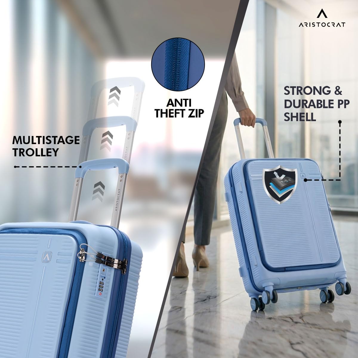 Aristocrat Solana Cabin Trolley Bag 53cm | Small | Hard Luggage | 8-Wheel Suitcase with Laptop Compartment for Business Travel | TSA Lock with Anti-Theft Zipper | 3 Years International Warranty (Blue)