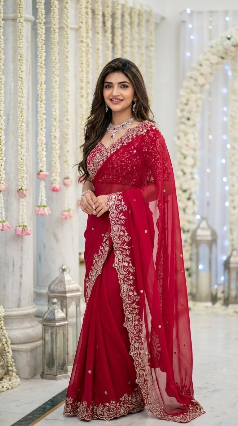 izkio Star Georgette Embroidered Saree, with Contrast Embroidered Blouse Piece, 5.5 m, Wedding Women Wear (Red)