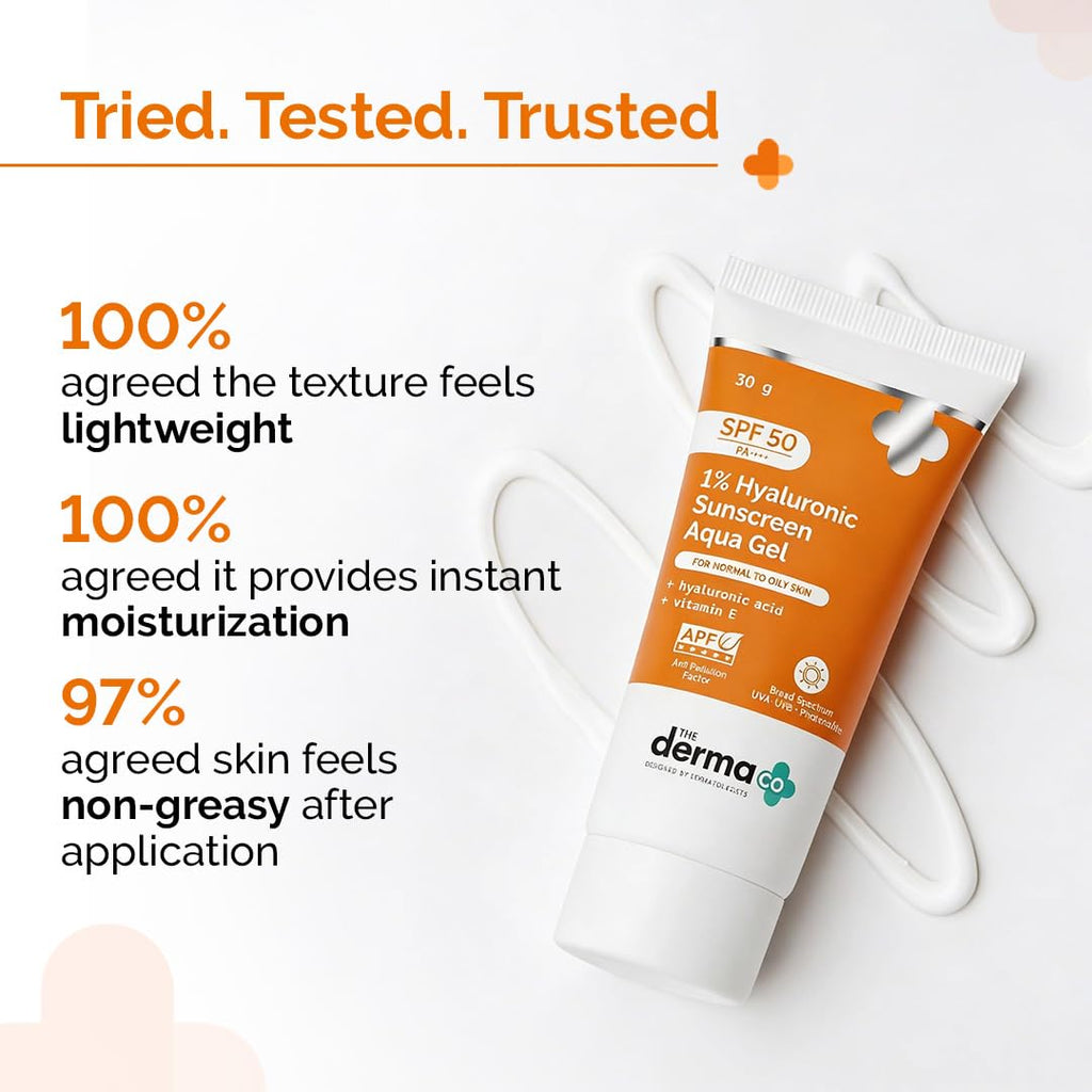 The Derma Co 1% Hyaluronic Sunscreen Aqua Gel SPF 50 PA++++ | Hydrating, Lightweight & Non-Greasy | No White Cast | Broad Spectrum & Blue Light Protection | Clinically Tested - (In-Vivo) | 30 g