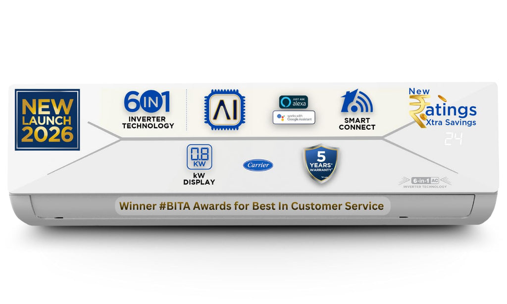 Carrier 1 Ton 3 Star, New Star rated, Wi-Fi Smart Flexicool Inverter Split AC (Copper, Convertible 6-in-1 with Wi-Fi with Geo-Fencing, Smart Energy Display, ESTER EDGE Gxi WiFi-CAI12EE3R36W0, White)