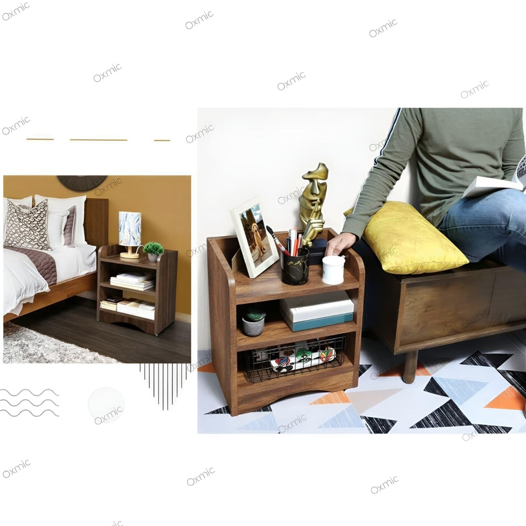 Shoper cart Side Tables for Bedroom, Bed Side Tables for Bed Room, Wooden End Table with Open Shelves, Bedside Table with Storage, Natural Wood Finish (Rustic)