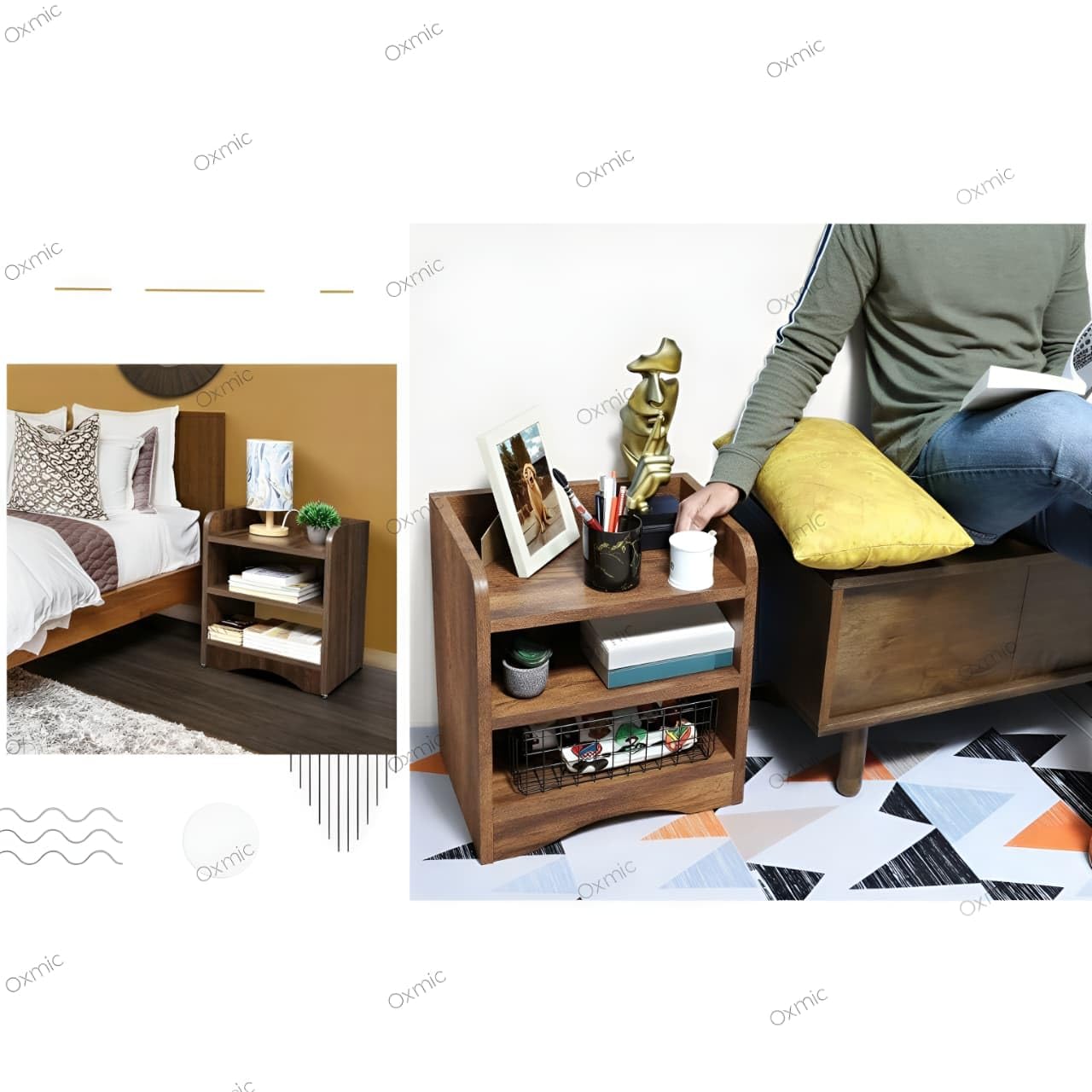Shoper cart Side Tables for Bedroom, Bed Side Tables for Bed Room, Wooden End Table with Open Shelves, Bedside Table with Storage, Natural Wood Finish (Rustic)