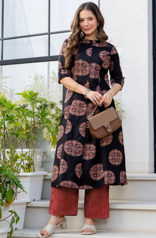 rytras Women's Pure Cotton Printed A-Line Kurta Set with Palazzo Pants|Ethnic wear|Kurta Set for Women(Black,RYT741,XL)