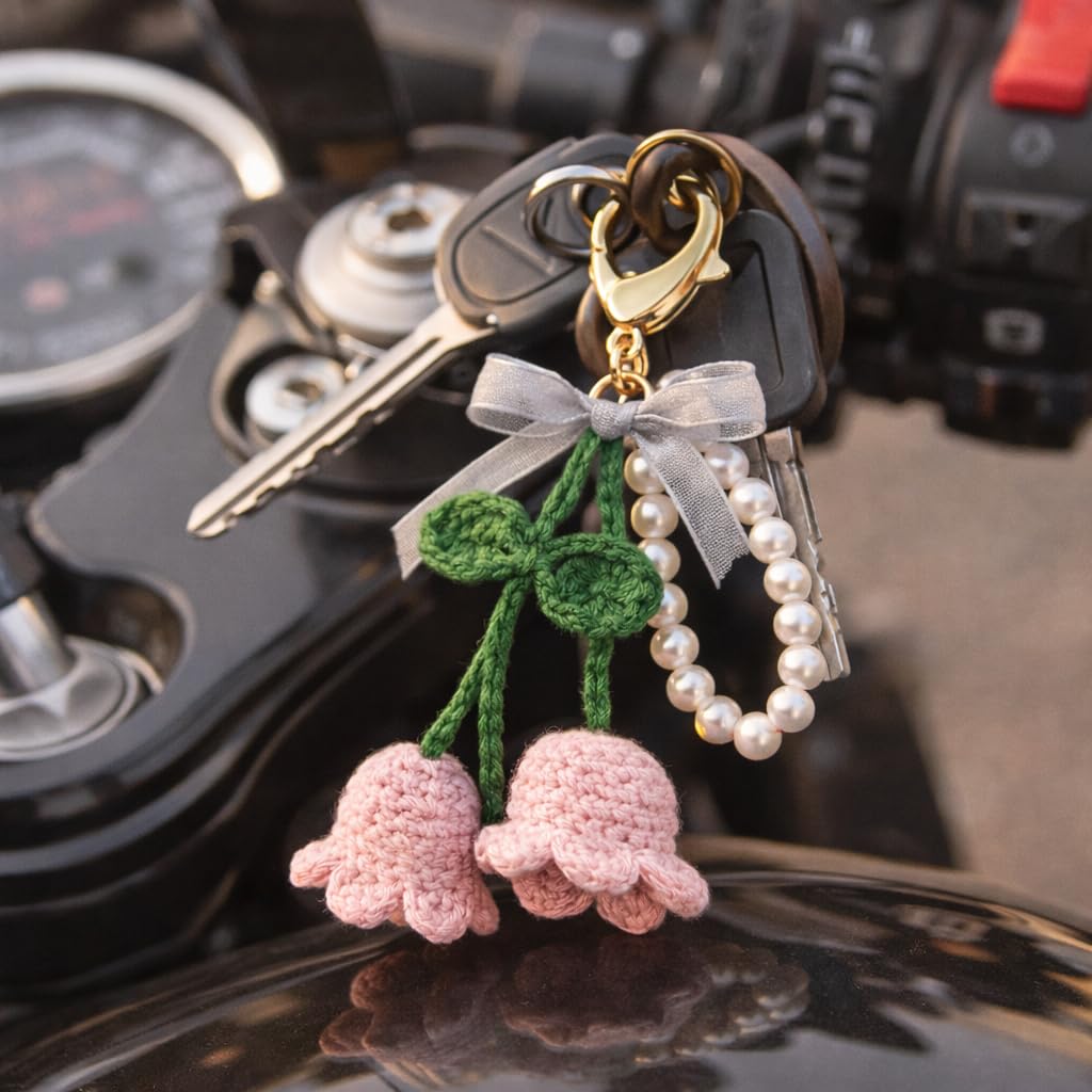 Handmade Crochet Cherry Keychain with Pearl Loop & Gold Clasp | Cute Pink Yarn Bag Charm for Girls & Women | Aesthetic Bike Key & School Bag Accessory