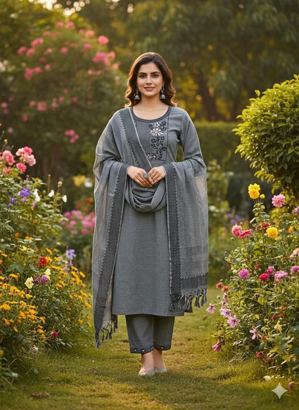Women's South Cotton Embroidery Work Kurta with Pant & Dupatta GREY GREY_2XL