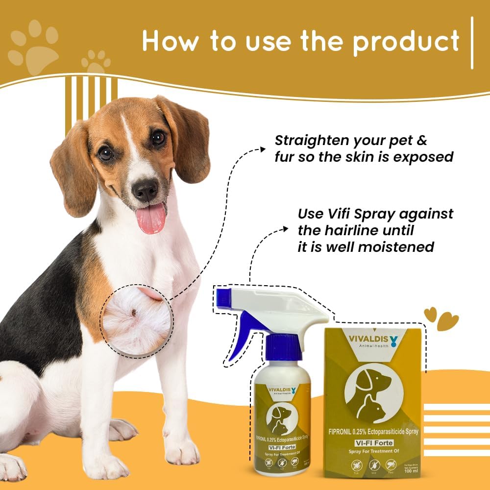 Vivaldis Vi-Fi Forte Tick & Flea Spray for Dogs & Cats | Fast-Acting, Long-Lasting Fipronil Formula | Ticks & Fleas Remover for Dogs Treats Acute Infestations 100ml