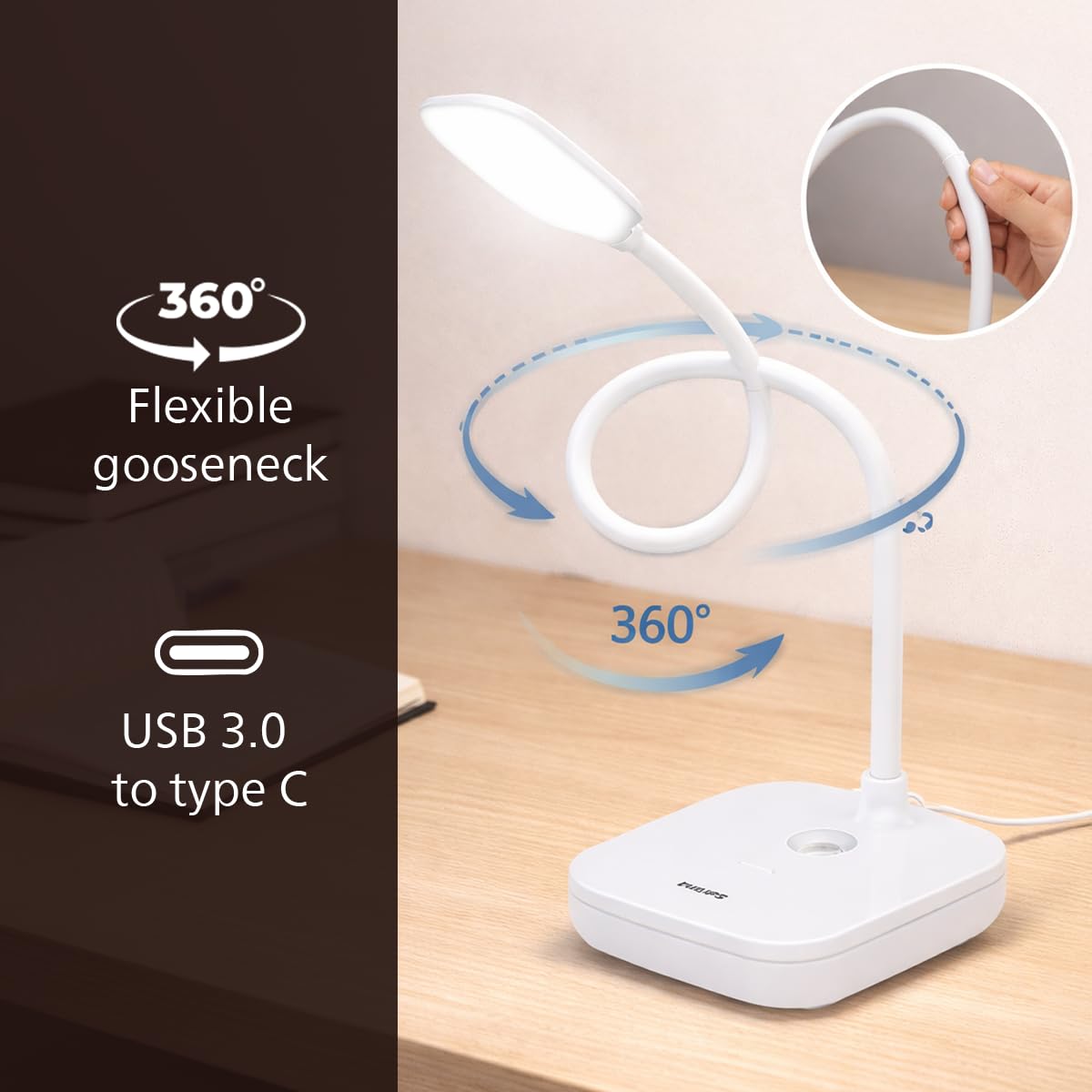 Philips 5W VION White LED Desk Light | 3-in-1 Study & Table Lamp | EyeComfort Technology | Adjustable Design | Energy Efficient LED Lamp for Study, Work & Reading | Pack of 1