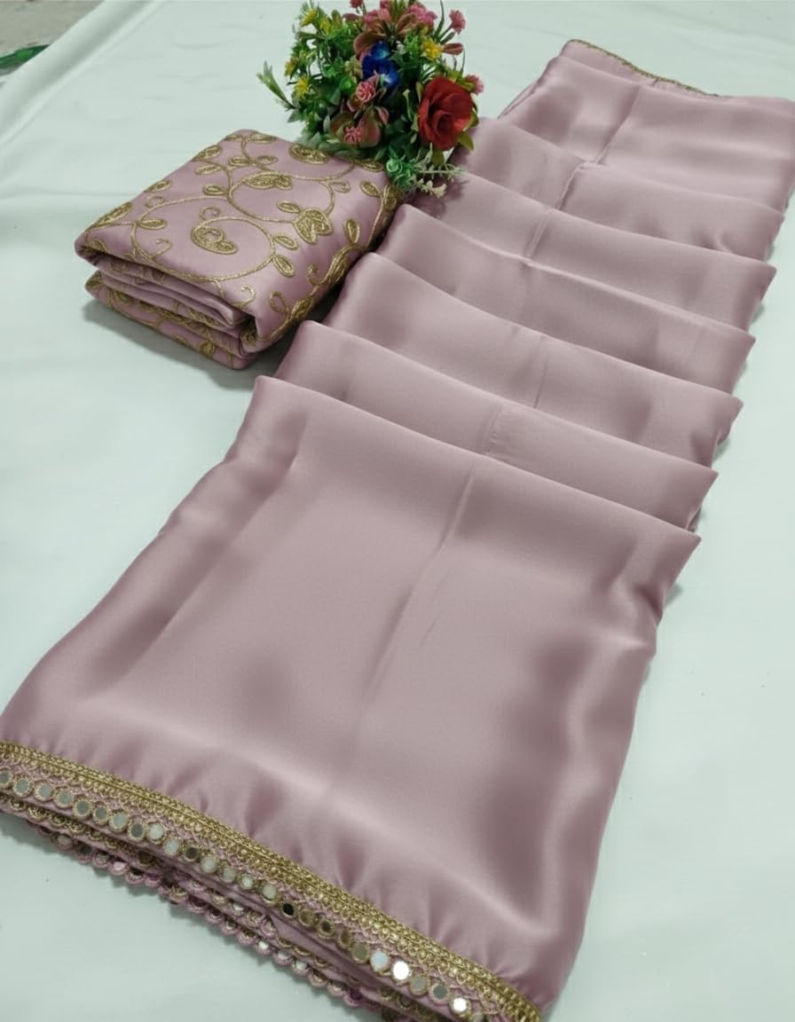 BRAHMSHAKTI Womens Satin Silk Saree With Embroidered Unstitch Blouse piece (Oniun)