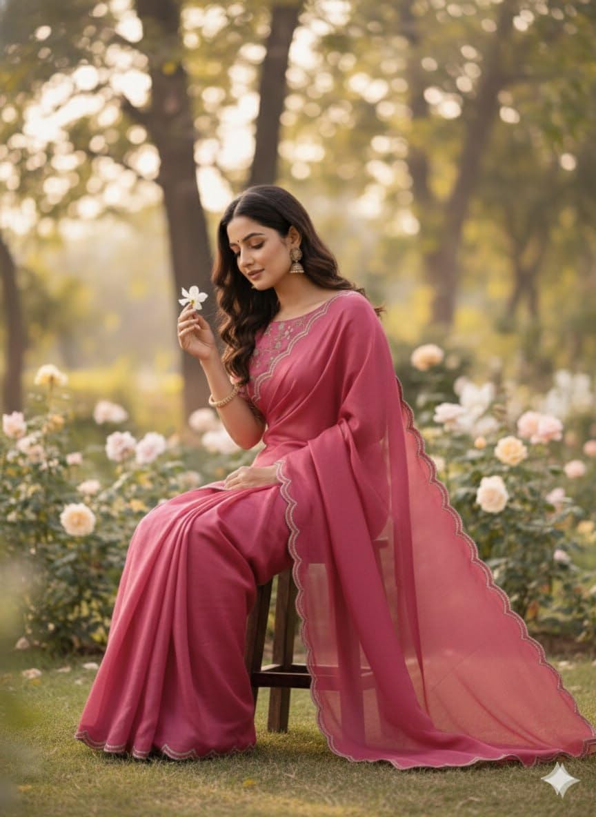 Chinon Silk Saree with Embroidered Blouse, Traditional Georgette Saree, Elephant Embroidery Pattern, V-Neck Design, Free Size, Festival Wear (Pink)